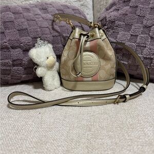 Coach Khaki and Pink Signature Canvas Drawstring Crossbody Bucket Bag